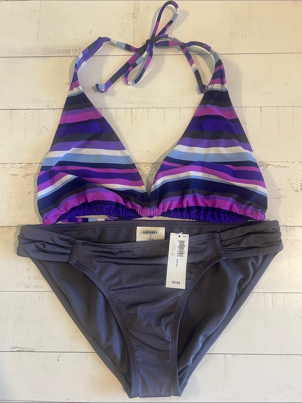 Old Navy Purple and Charcoal Striped Triangle Bikini Set